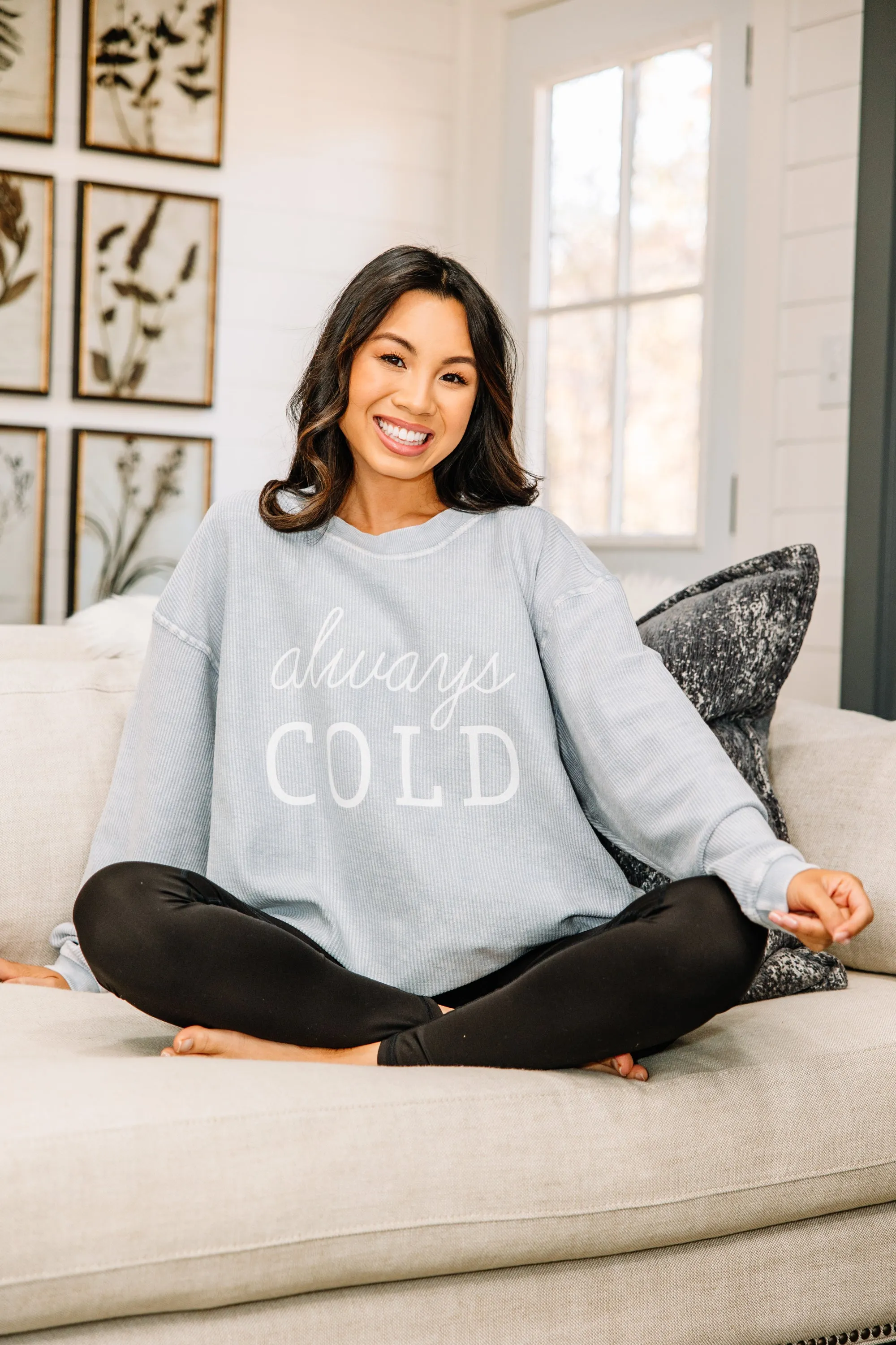 Always Cold Faded Denim Blue Graphic Corded Sweatshirt