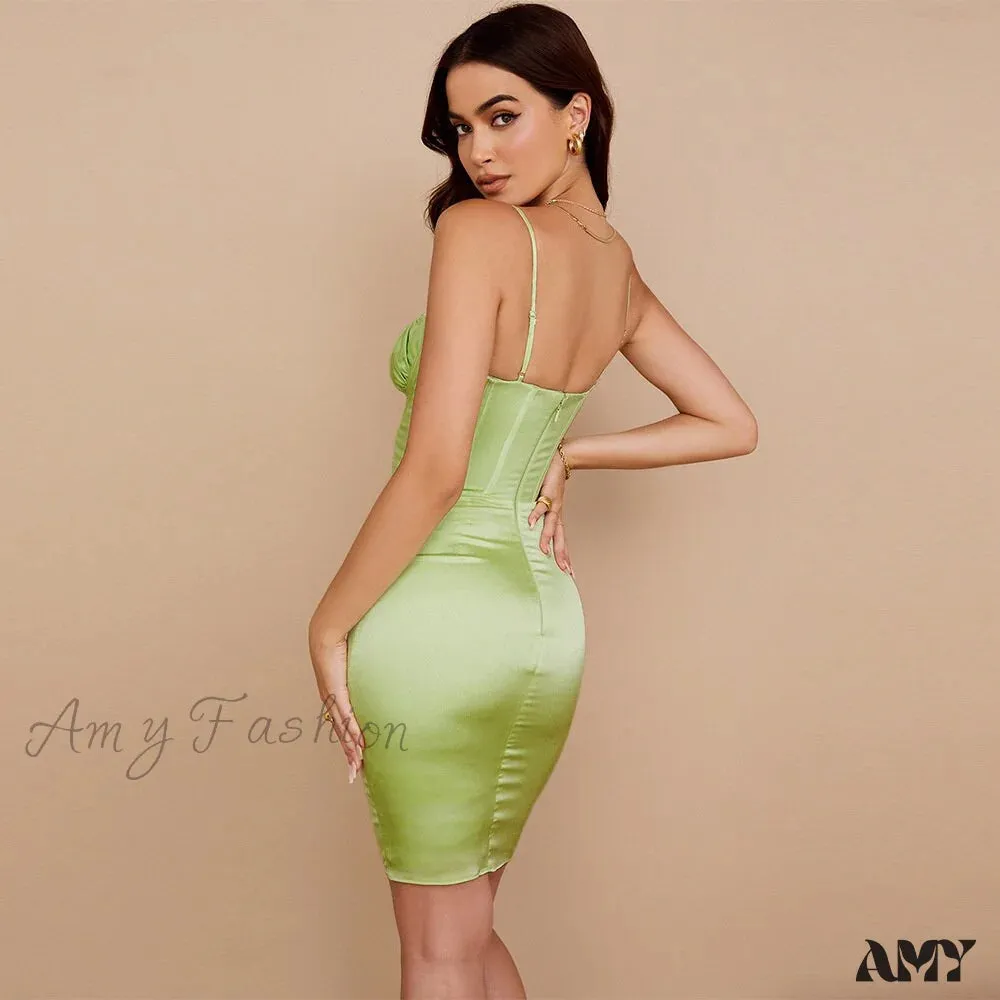 Amy Fashion - Adjustable Strap Ruched V Neck Zipper Party Dress