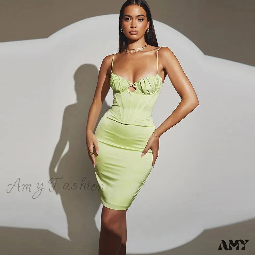 Amy Fashion - Adjustable Strap Ruched V Neck Zipper Party Dress