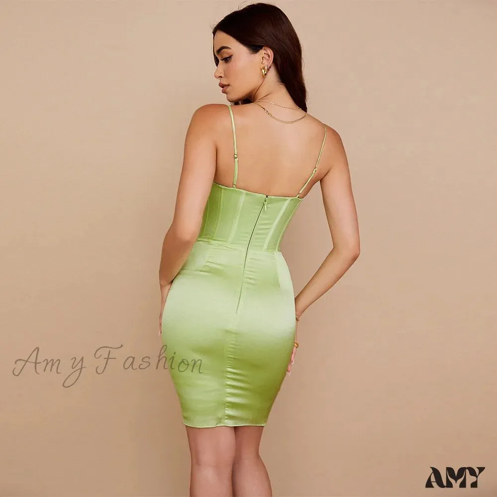 Amy Fashion - Adjustable Strap Ruched V Neck Zipper Party Dress