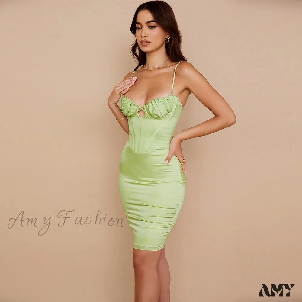 Amy Fashion - Adjustable Strap Ruched V Neck Zipper Party Dress