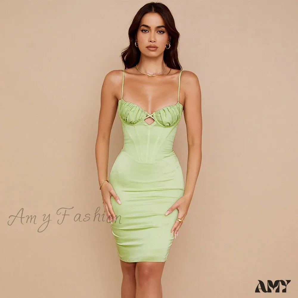 Amy Fashion - Adjustable Strap Ruched V Neck Zipper Party Dress