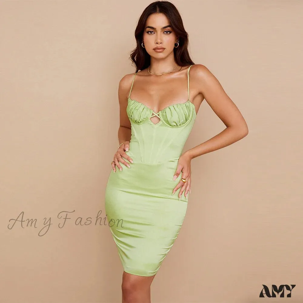 Amy Fashion - Adjustable Strap Ruched V Neck Zipper Party Dress