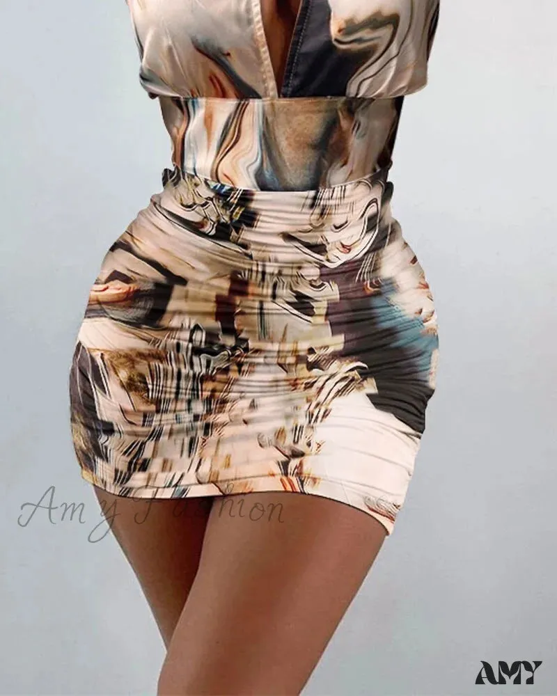 Amy Fashion - Marble Print Cutout Ruched Bodycon Casual Dress