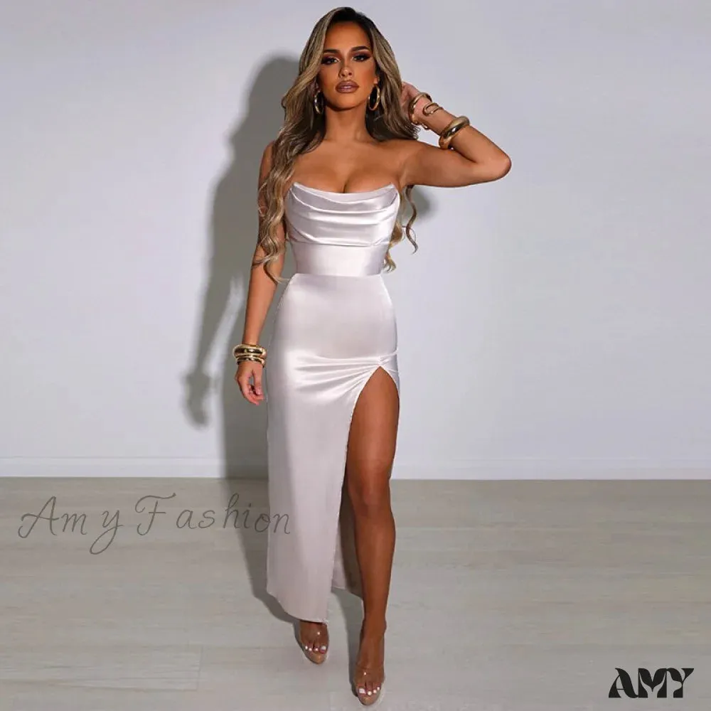 Amy Fashion - Satin Tube Corset Maxi Dress