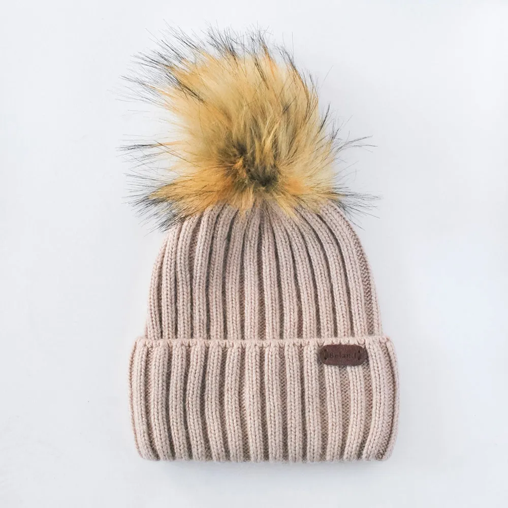 Angora Adult Size Wool Beanies (with Detachable Pompom) - Creamy Taupe