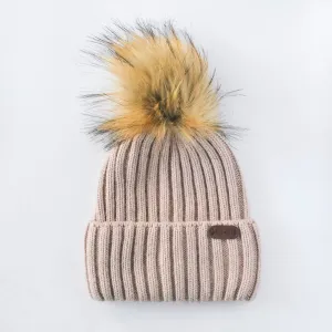 Angora Adult Size Wool Beanies (with Detachable Pompom) - Creamy Taupe