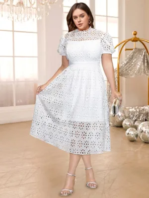 AOMEIDRESS White Lace Dress Hollow Out Puff Sleeves High Waist A Line