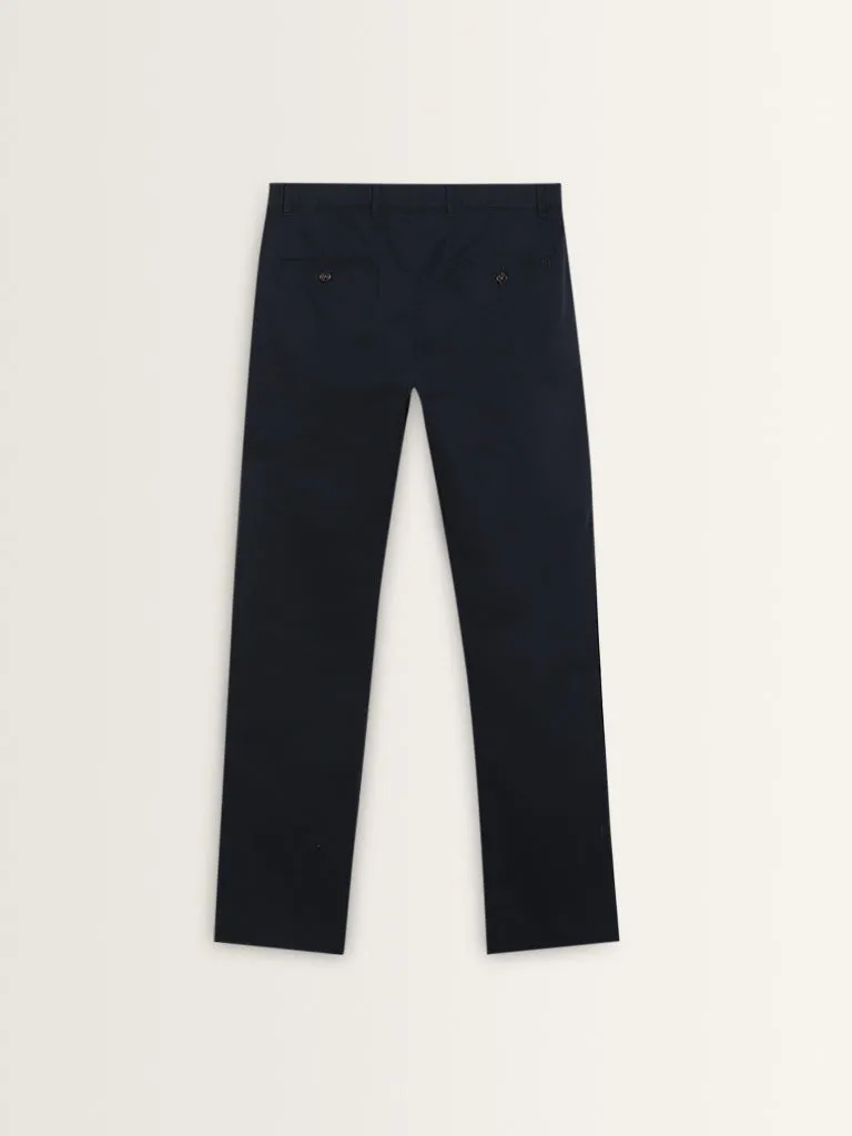 Ascot Navy Solid Relaxed-Fit Mid-Rise Cotton Blend Chinos