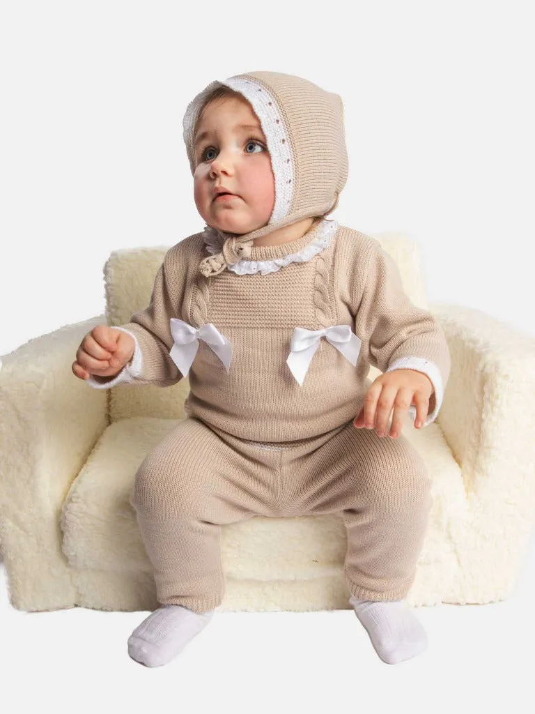 Baby Girl Ana Collection 3-piece Knitted Set with Bonnet-Beige