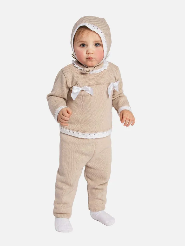 Baby Girl Ana Collection 3-piece Knitted Set with Bonnet-Beige