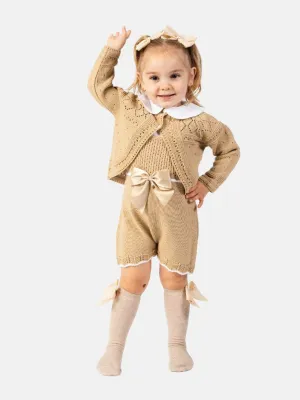 Baby Girl Lily Collection 3-piece Spanish Knitted Set- Beige/Tan