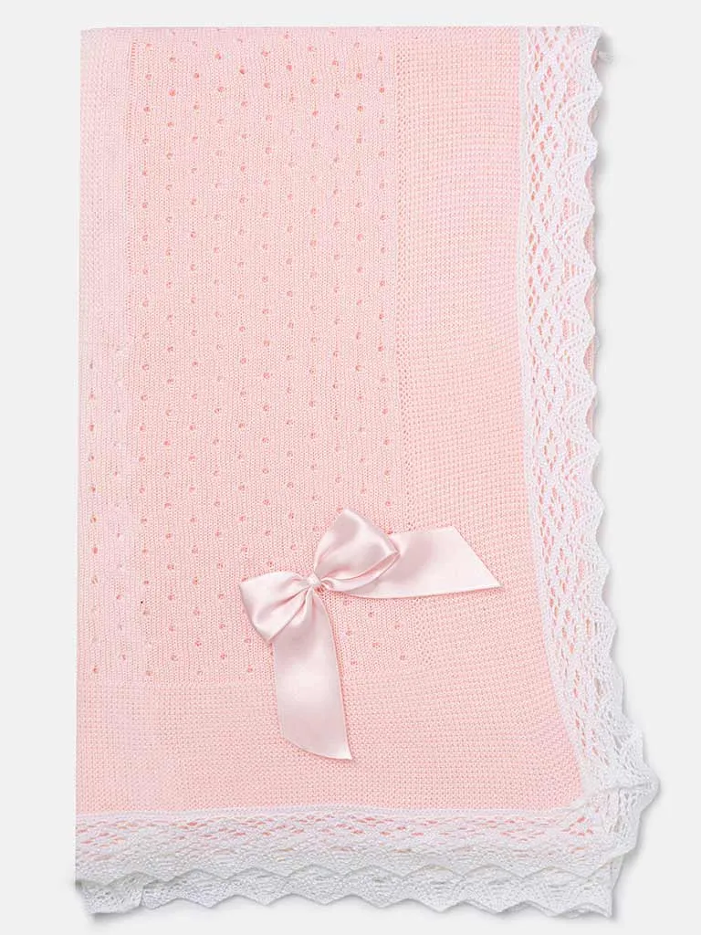 Baby Open Dot Knitted Spanish Blanket with Bow-Pink