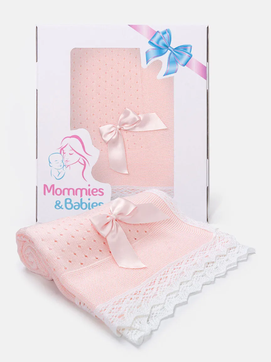 Baby Open Dot Knitted Spanish Blanket with Bow-Pink