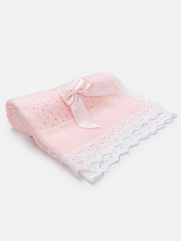 Baby Open Dot Knitted Spanish Blanket with Bow-Pink