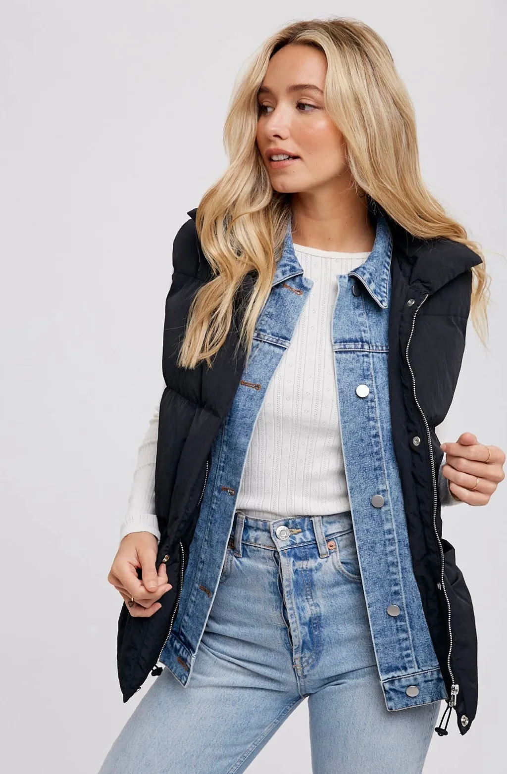 Bea denim layered puffer vest - black