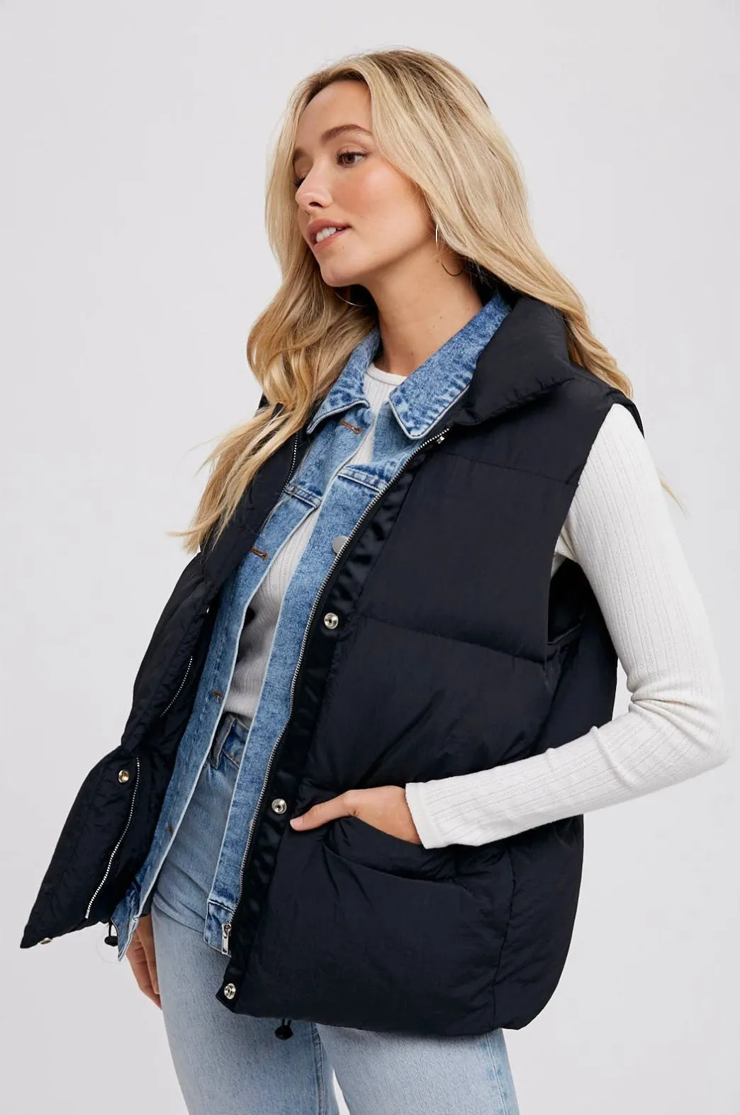 Bea denim layered puffer vest - black