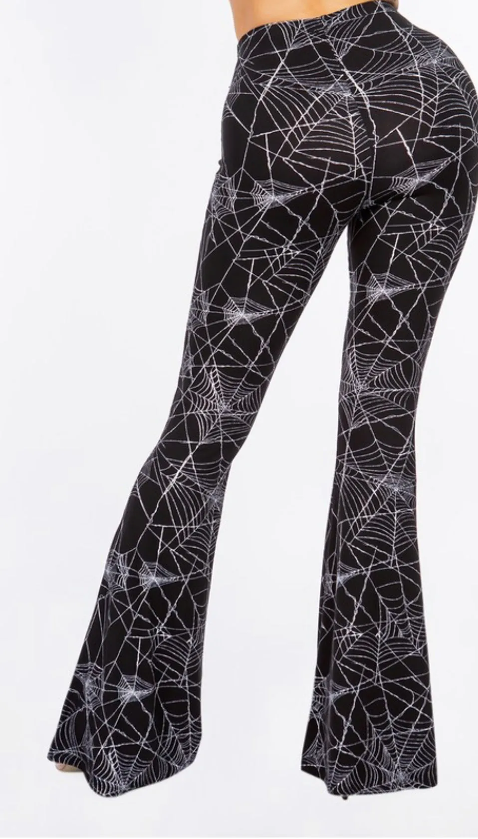 Black and White Spiderweb Print Bell Bottom Leggings