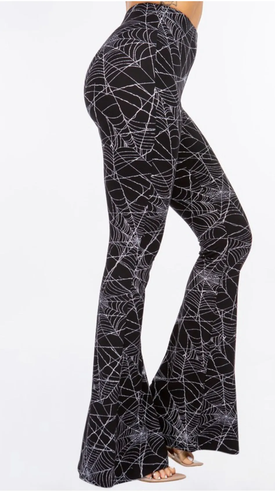 Black and White Spiderweb Print Bell Bottom Leggings