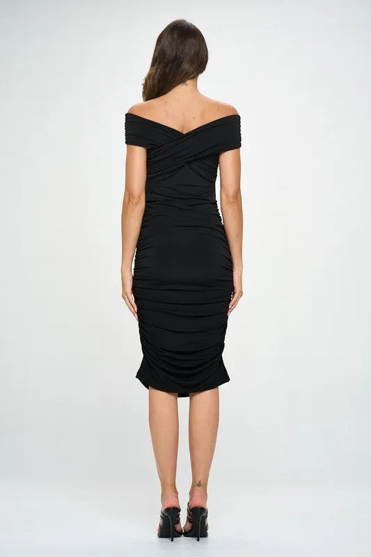 Black Cocktail Dress New Women's Fashion Elegant Ruched Off Shoulder Midi Bodycon Dress