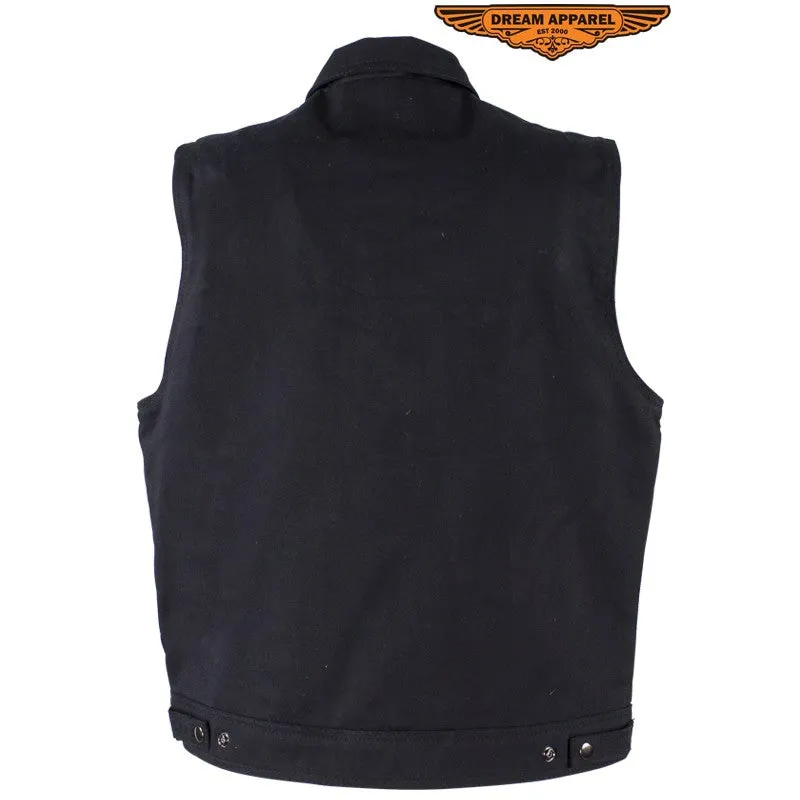 Black Denim Motorcycle Vest With Buttoned Front Closure