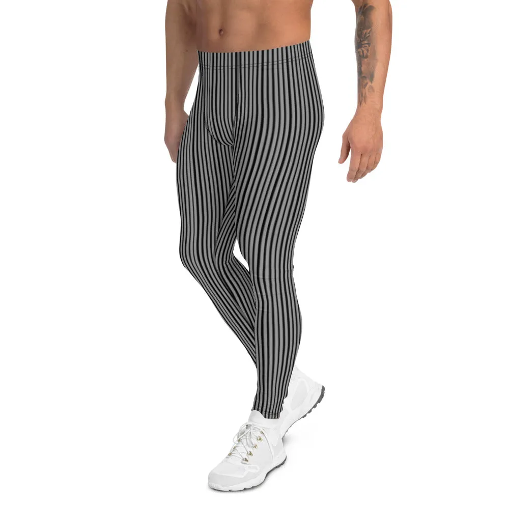 Black Gray Stripes Men's Leggings, Vertically Striped Meggings Compression Tights-Made in USA/EU