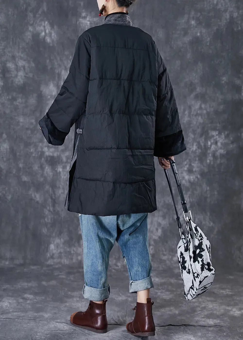 Black Patchwork Thick Fine Cotton Filled Parkas Oversized Pockets Winter ML3085