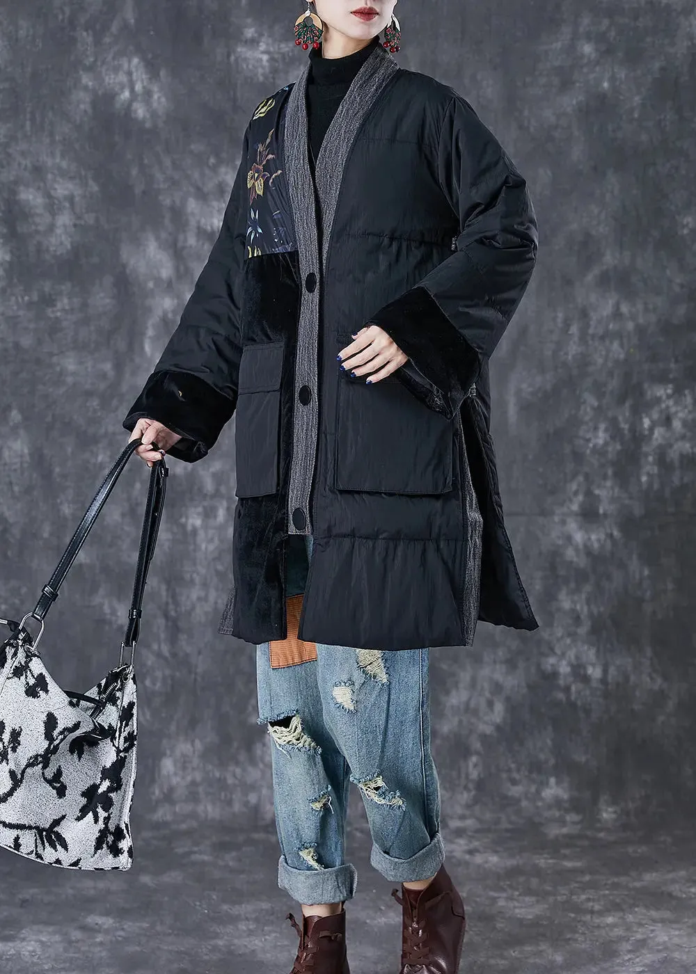 Black Patchwork Thick Fine Cotton Filled Parkas Oversized Pockets Winter ML3085