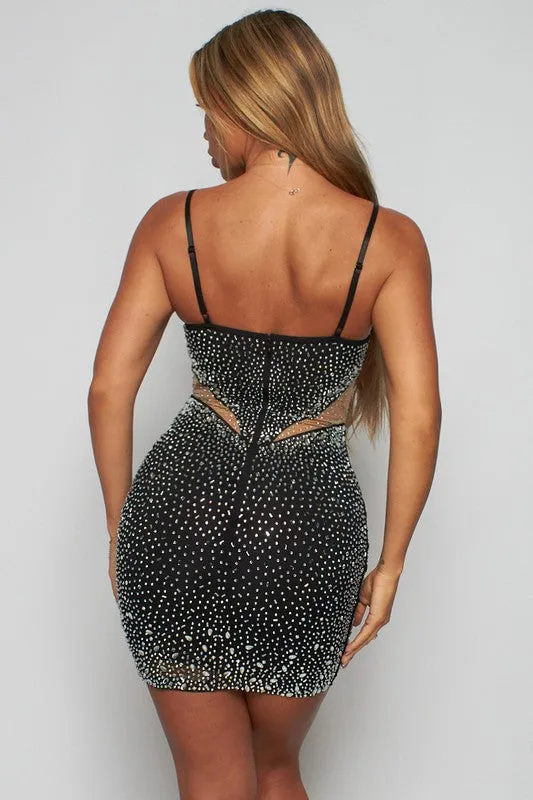 Black Rhinestone Sleeveless Bodycon Dress