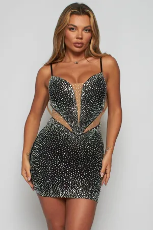 Black Rhinestone Sleeveless Bodycon Dress