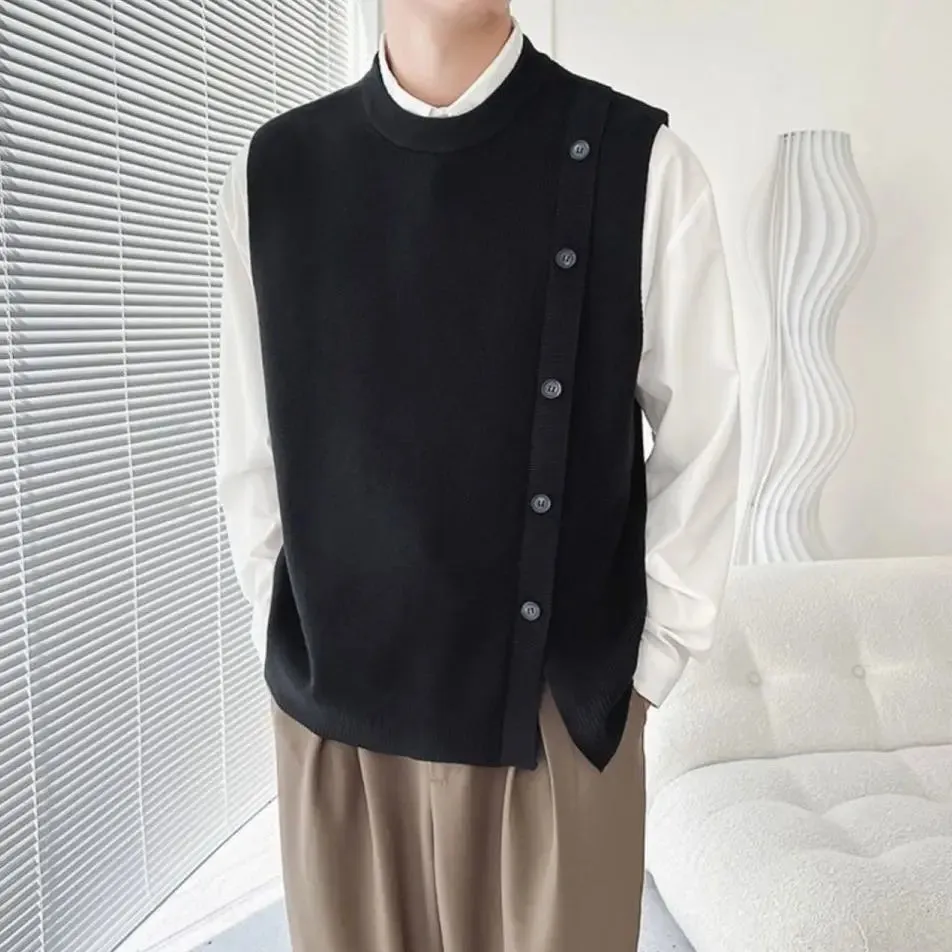 Bonsir Men's Knitted Vest Green Sweaters Male O-Neck Buttons Slit Waistcoat Harajuku High Quality Korean Fashion Casual New in Smooth