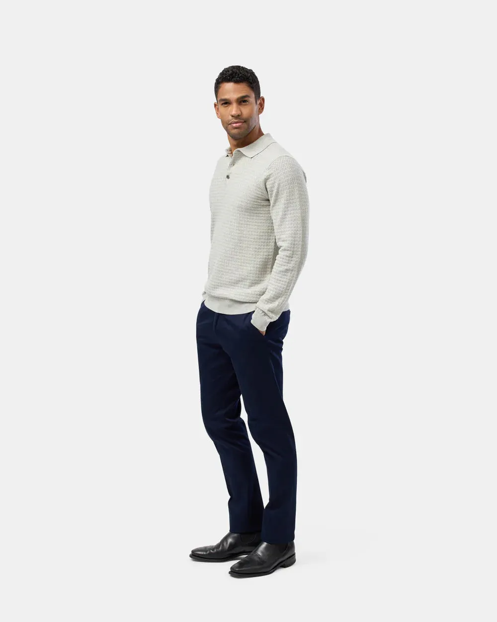 Brooksfield - Textured L/S Cotton Polo Light Grey