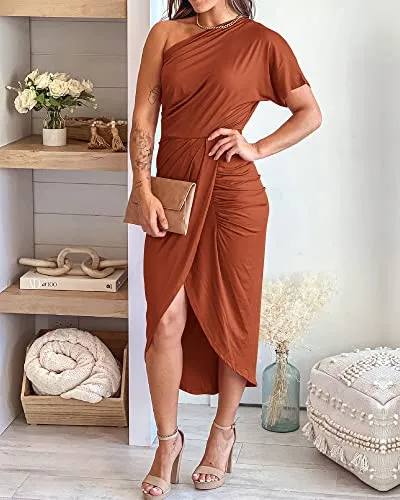 BTFBM Women One Shoulder Short Sleeve Ruched Casual Dresses Asymmetrical Wrap Front Split Cocktail Party Summer Midi Dress(Solid Brick Red, Large)