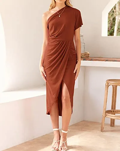 BTFBM Women One Shoulder Short Sleeve Ruched Casual Dresses Asymmetrical Wrap Front Split Cocktail Party Summer Midi Dress(Solid Brick Red, Large)