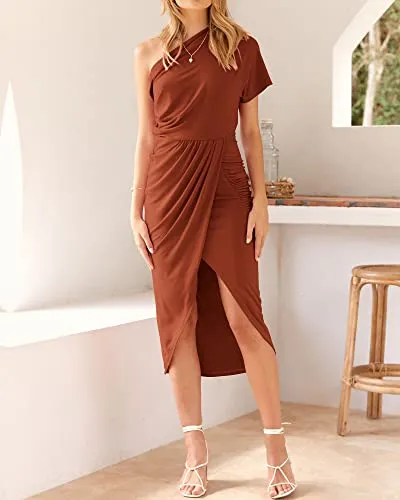 BTFBM Women One Shoulder Short Sleeve Ruched Casual Dresses Asymmetrical Wrap Front Split Cocktail Party Summer Midi Dress(Solid Brick Red, Large)