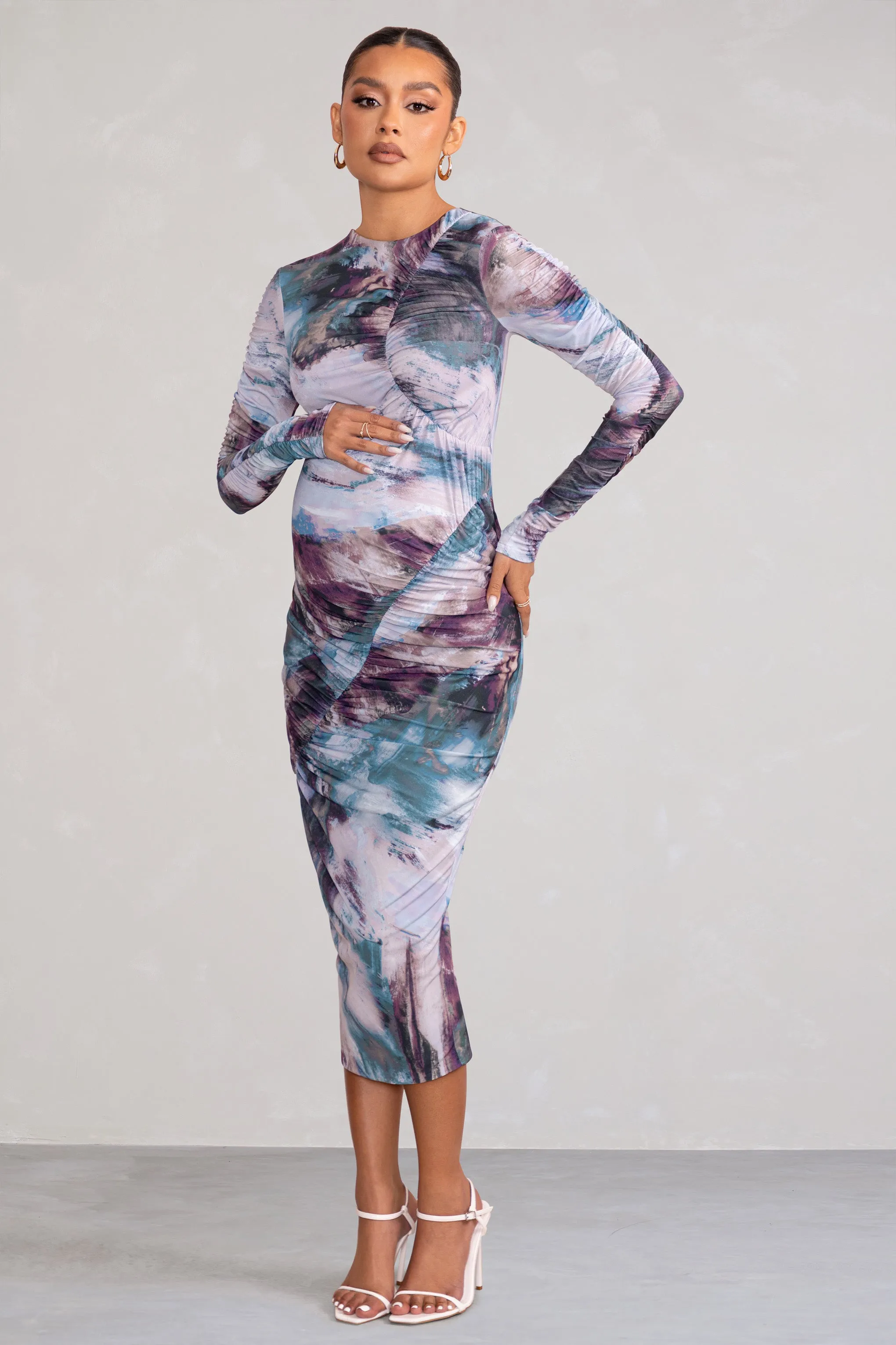 Cait | Multi Print Bodycon Maternity Midi Dress