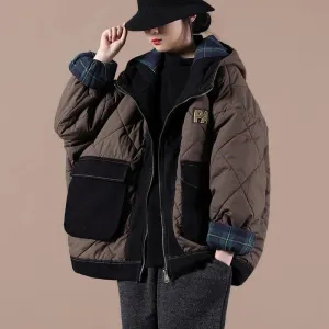 Casual oversize warm winter coat chocolate hooded patchwork plaid Parkas for women