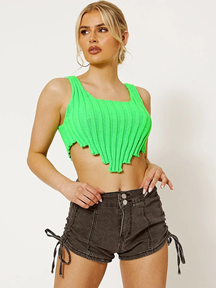 Cate Asymmetric Hem Knitted Vest Crop Top In Green