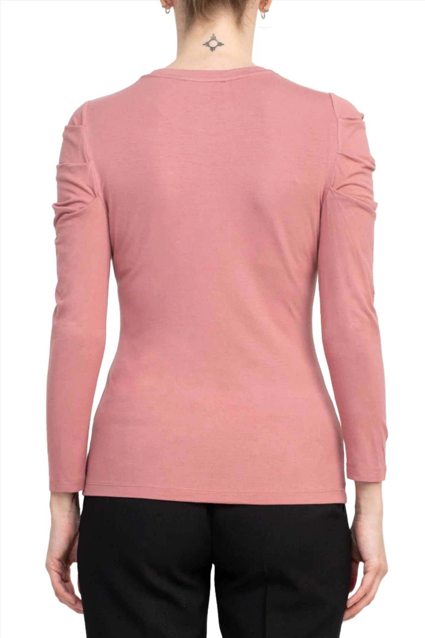 Catherine Malandrino Crew Neck Long Sleeve Ruched Shoulder Solid Knit Top