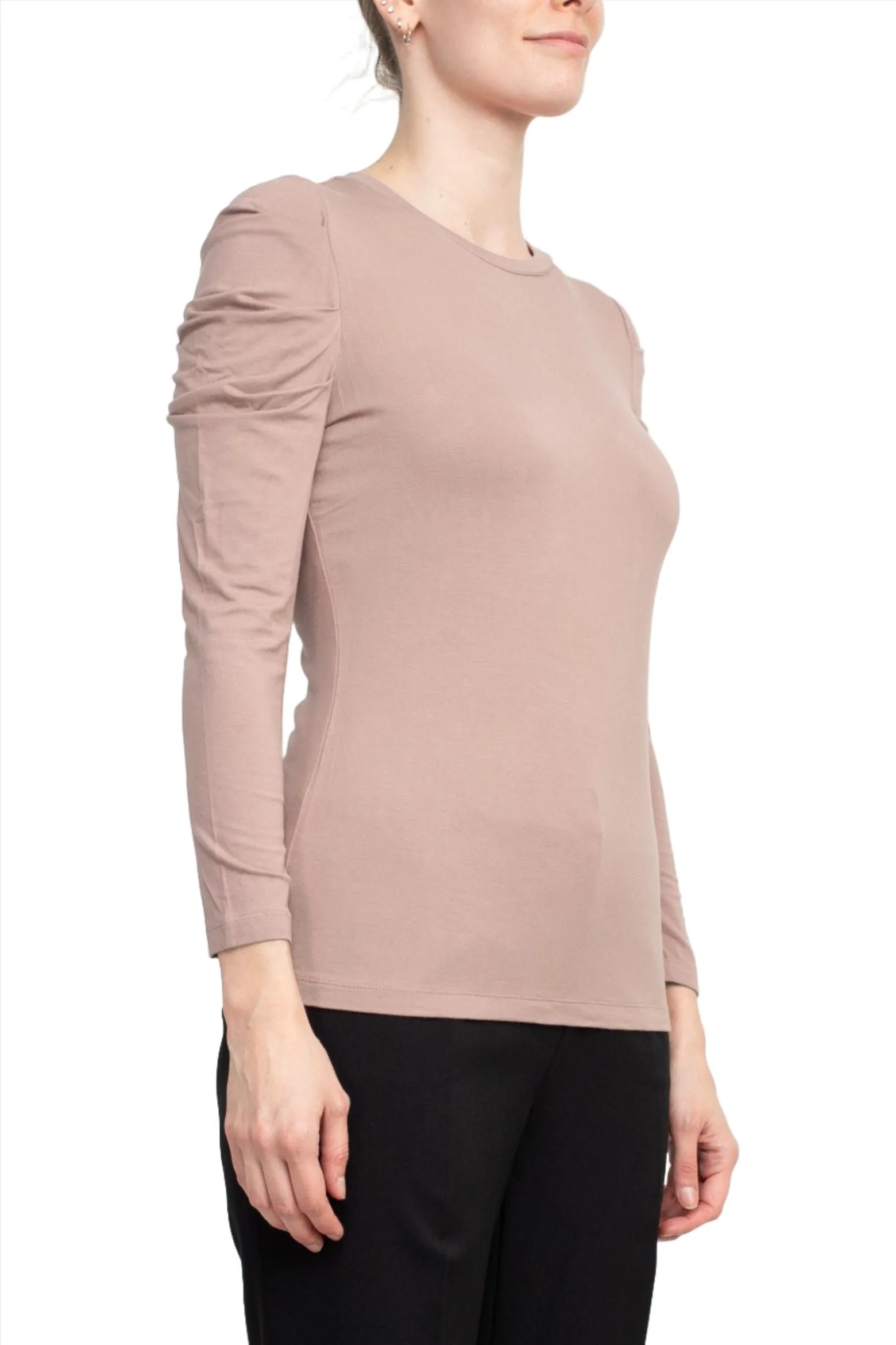 Catherine Malandrino Crew Neck Long Sleeve Ruched Shoulder Solid Knit Top