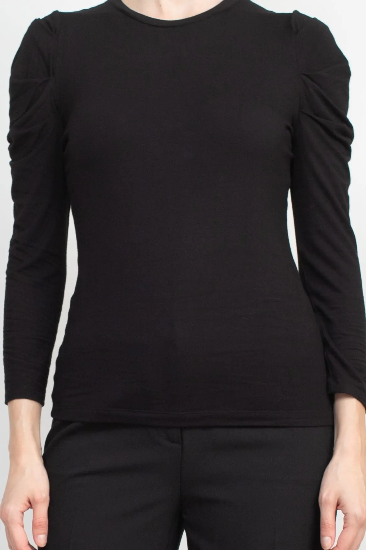 Catherine Malandrino Crew Neck Long Sleeve Ruched Shoulder Solid Knit Top