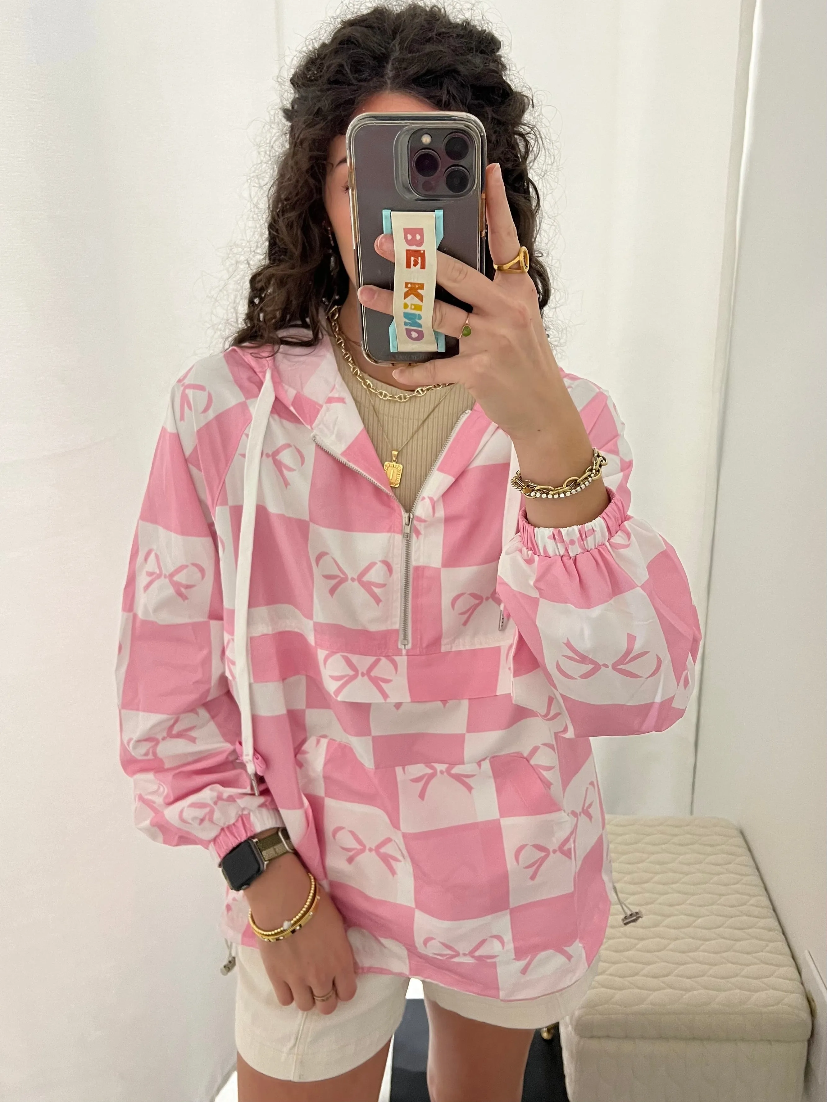 Charming Pink Checkered Bow Windbreaker