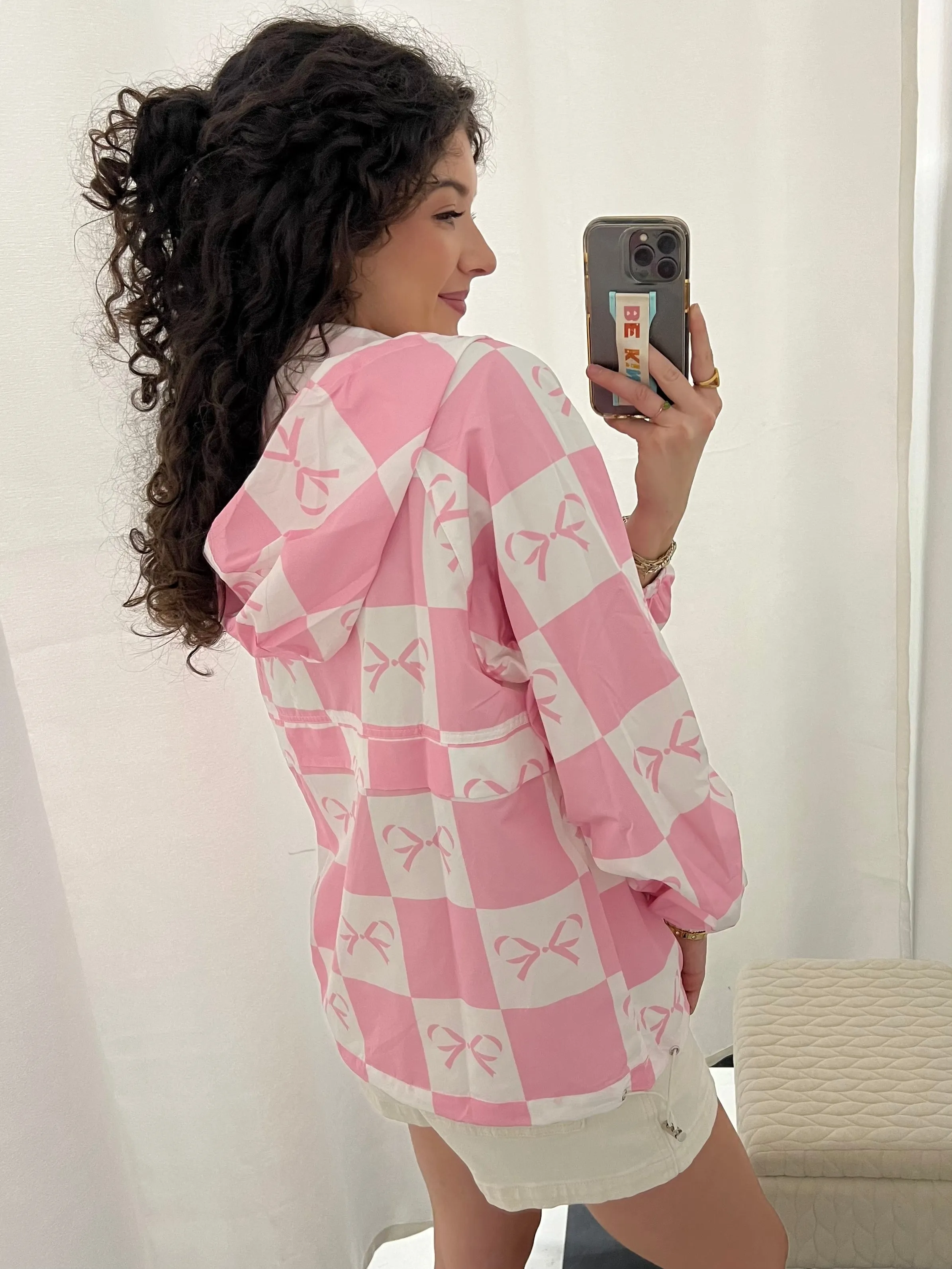 Charming Pink Checkered Bow Windbreaker