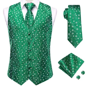 Christmas Green White Snowflakes Men's Vest Hanky Cufflinks Tie Set