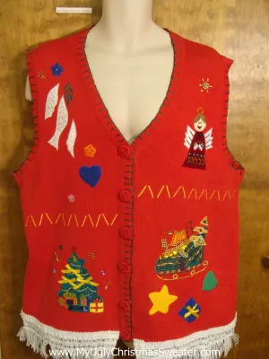 Christmas Sweater Vest with Angel, Tree, and Fringe