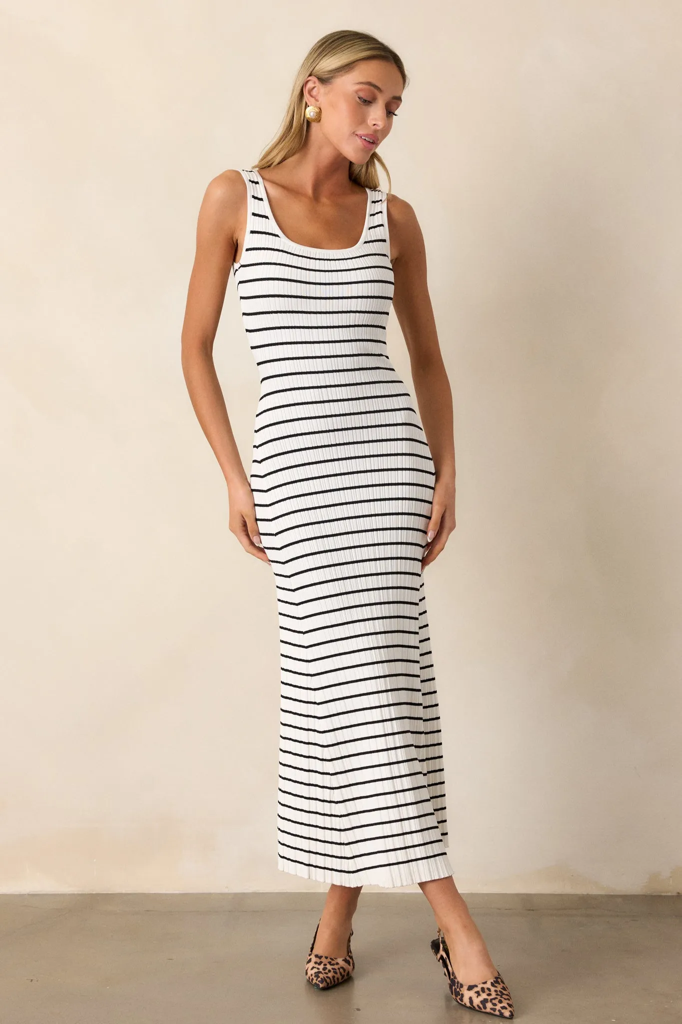 Classic Rhythm White Stripe Ribbed Midi Dress