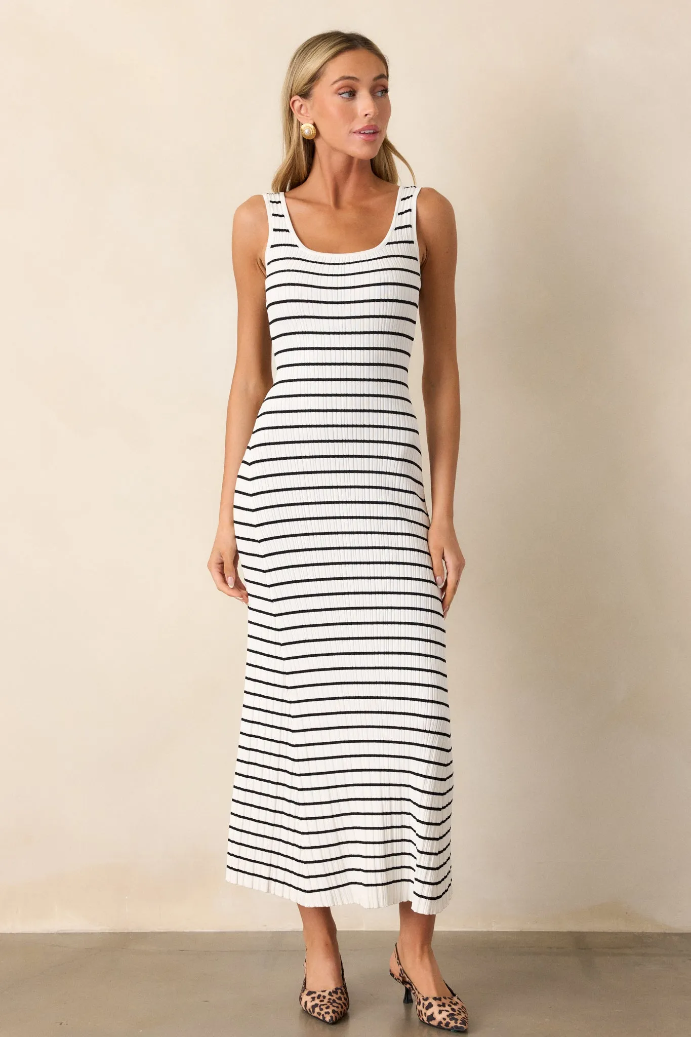 Classic Rhythm White Stripe Ribbed Midi Dress