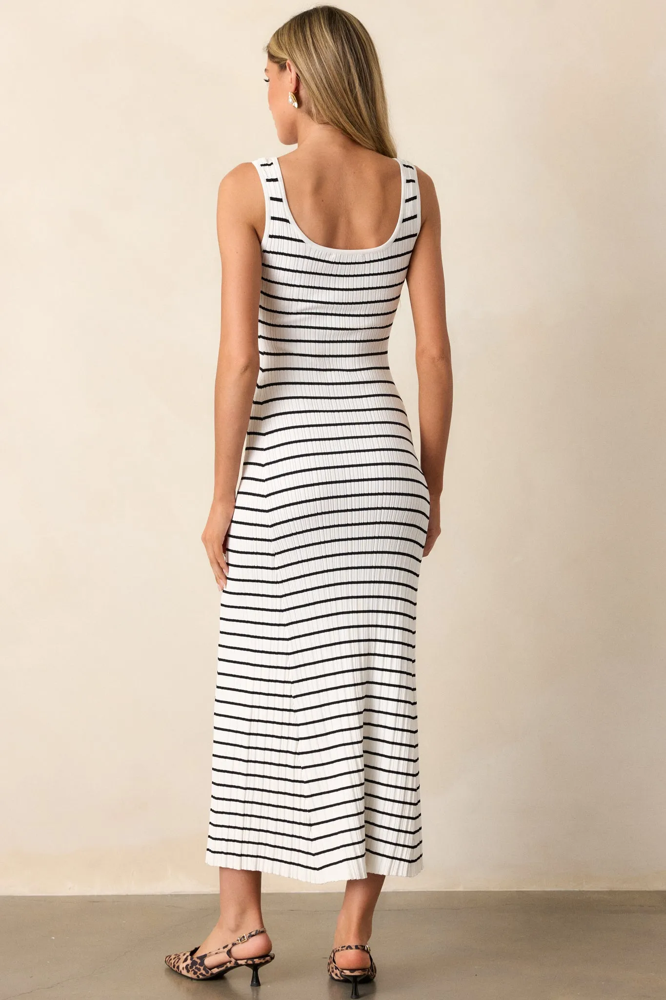 Classic Rhythm White Stripe Ribbed Midi Dress