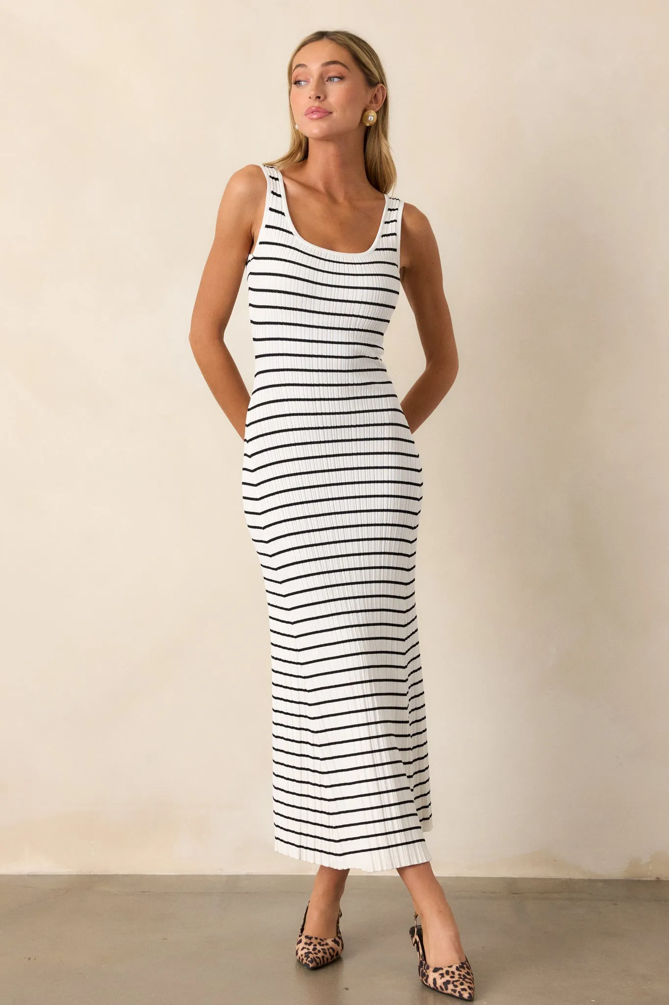 Classic Rhythm White Stripe Ribbed Midi Dress