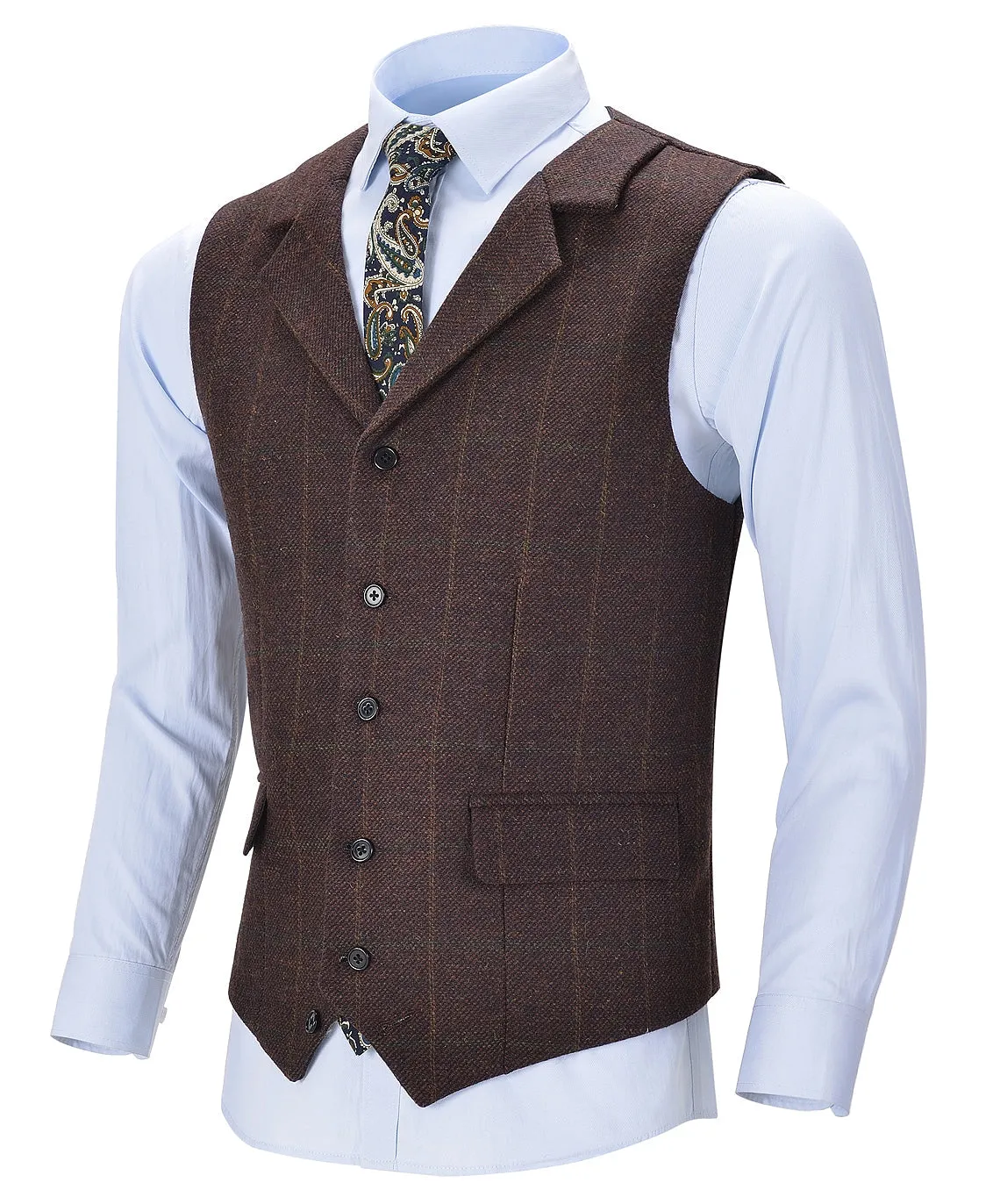 Coffee Formal Plaid Notch Lapel Waistcoat Slim Fit Suit Vest